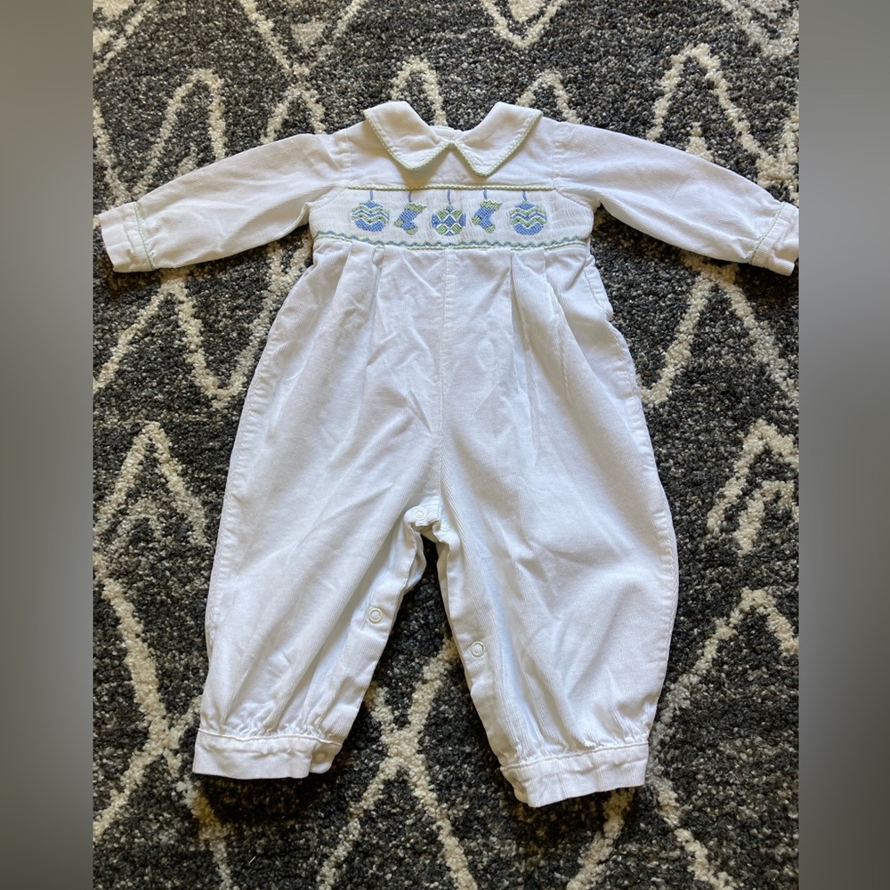 Zucchini 3 months smocked Christmas ornament snap closure white jumpsuit